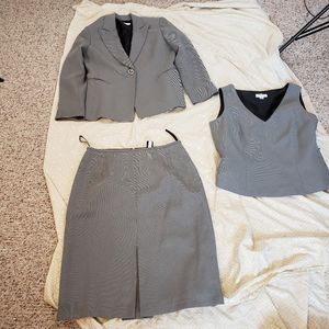 Tahari 3 Piece Skirt Suit Women's Size 8 Houndstooth Plaid Black White Polyester